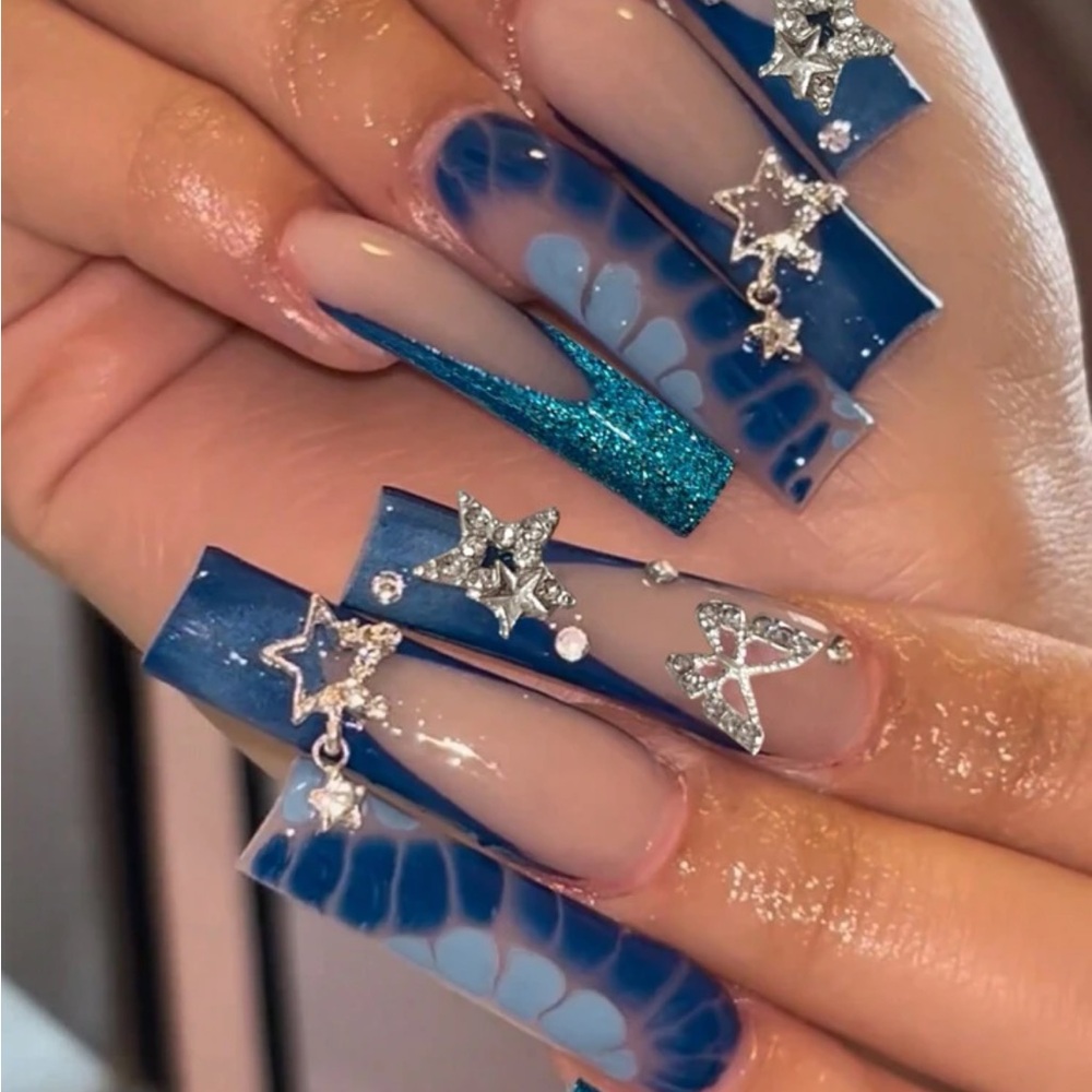 24pcs/Set Y2K Long Coffin Press On Nails Blue French Tips Acrylic Nails 3D Stars